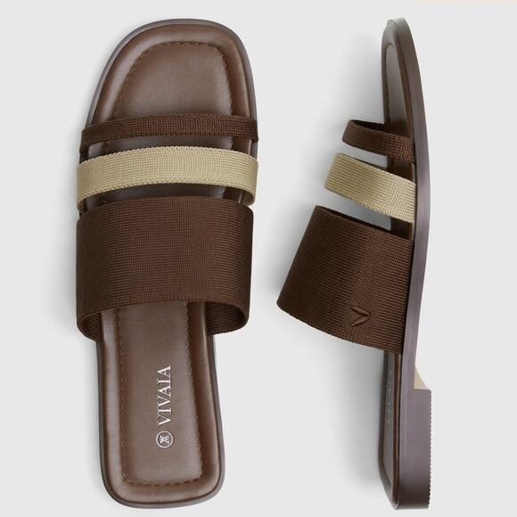 Vivaia Doris Square Toe Slide Sandal Old Money Knit Comfort Brown Cream Brown 8 - Picture 1 of 7